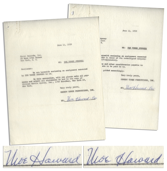 Lot of Two Moe Howard Signed Agreements on Behalf of The Three Stooges to Coral Records & the Albert Rickard Agency, Both Dated June 1959 -- 2pp. Measure 8.5'' x 11'' -- Very Good